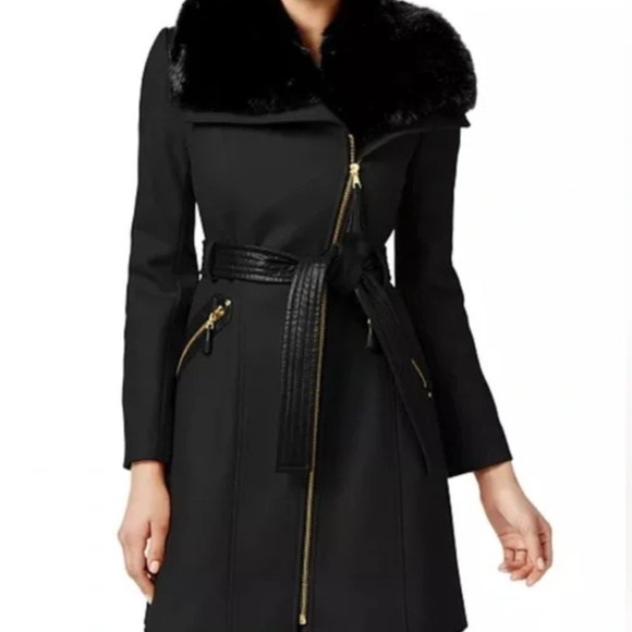 Via Spiga Kate Belted Faux Fur Trimmed Wool Blend Coat Size 10 NWOT - Picture 1 of 15
